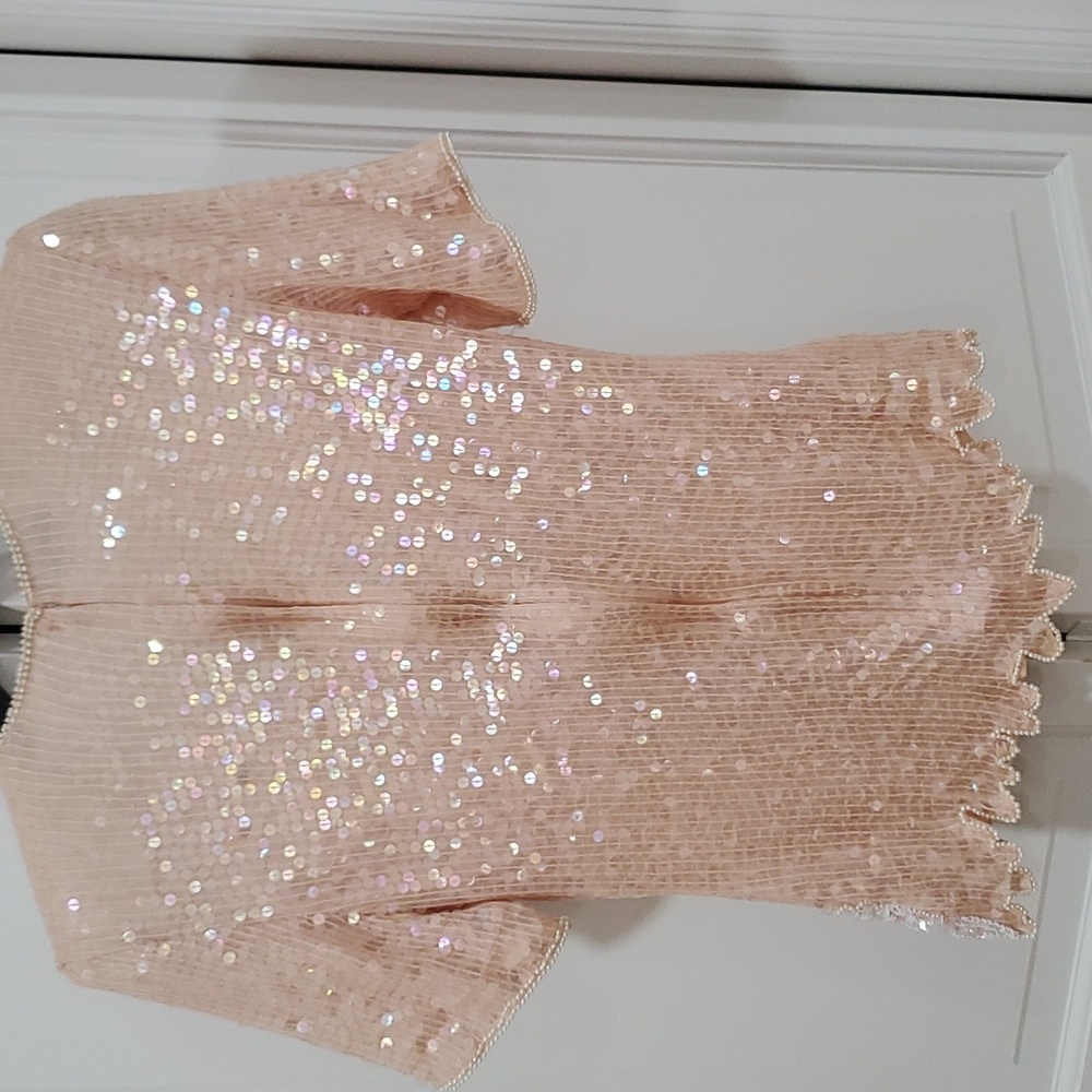 Vintage Stenay Pastel Pink Peach Lace Sequin Glitter Peplum Shir - Picture 5 of 6
